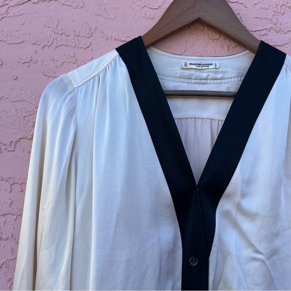 Vintage Saint Laurent Button Up Blouse Black Cream Silky Satin Paris France - Picture 3 of 10